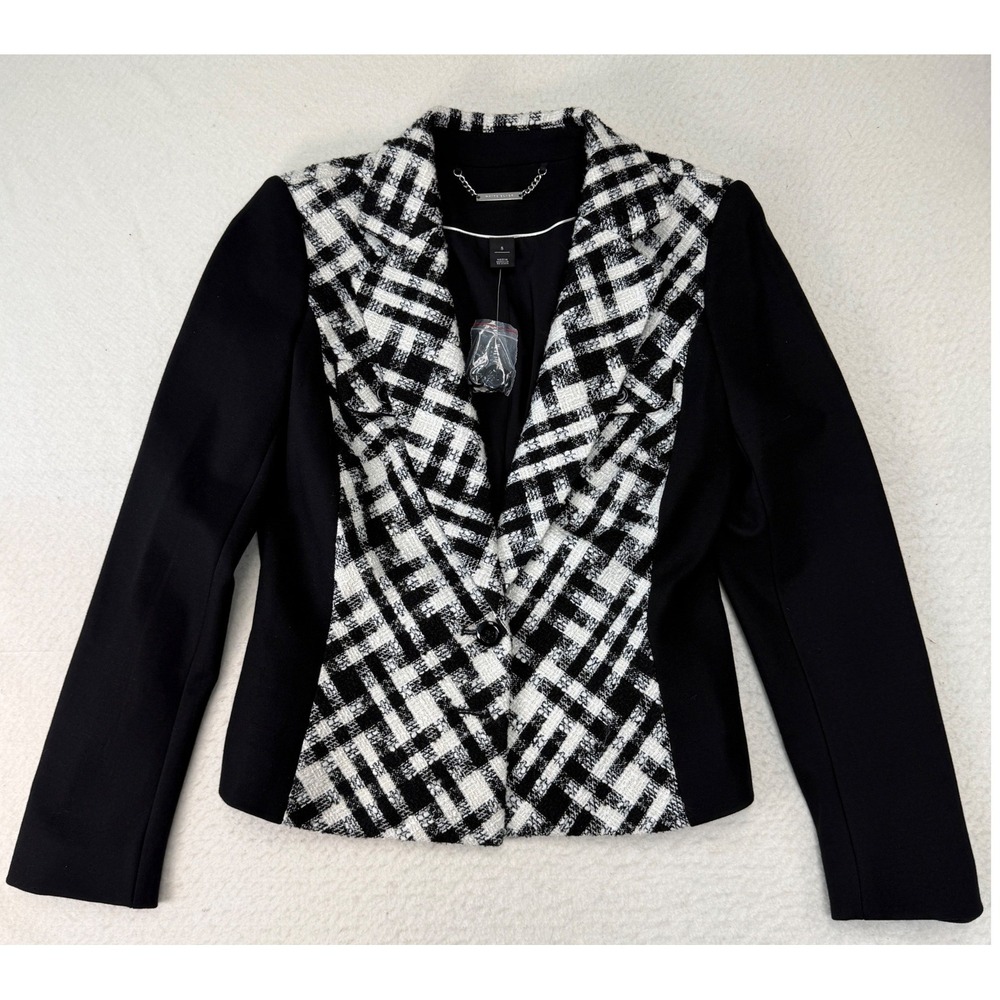 White House Black Market Plaid Tweed Blazer Black White Wool Blend Size 8 NWT